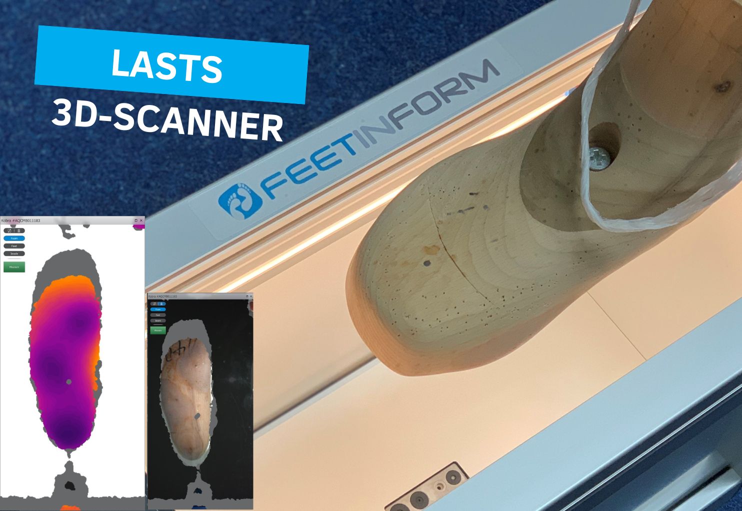 KOBRA II last measurement Measurement process of a shoe last with the optical 3D scanner Kobra II, showing how the scan appears on the camera display
